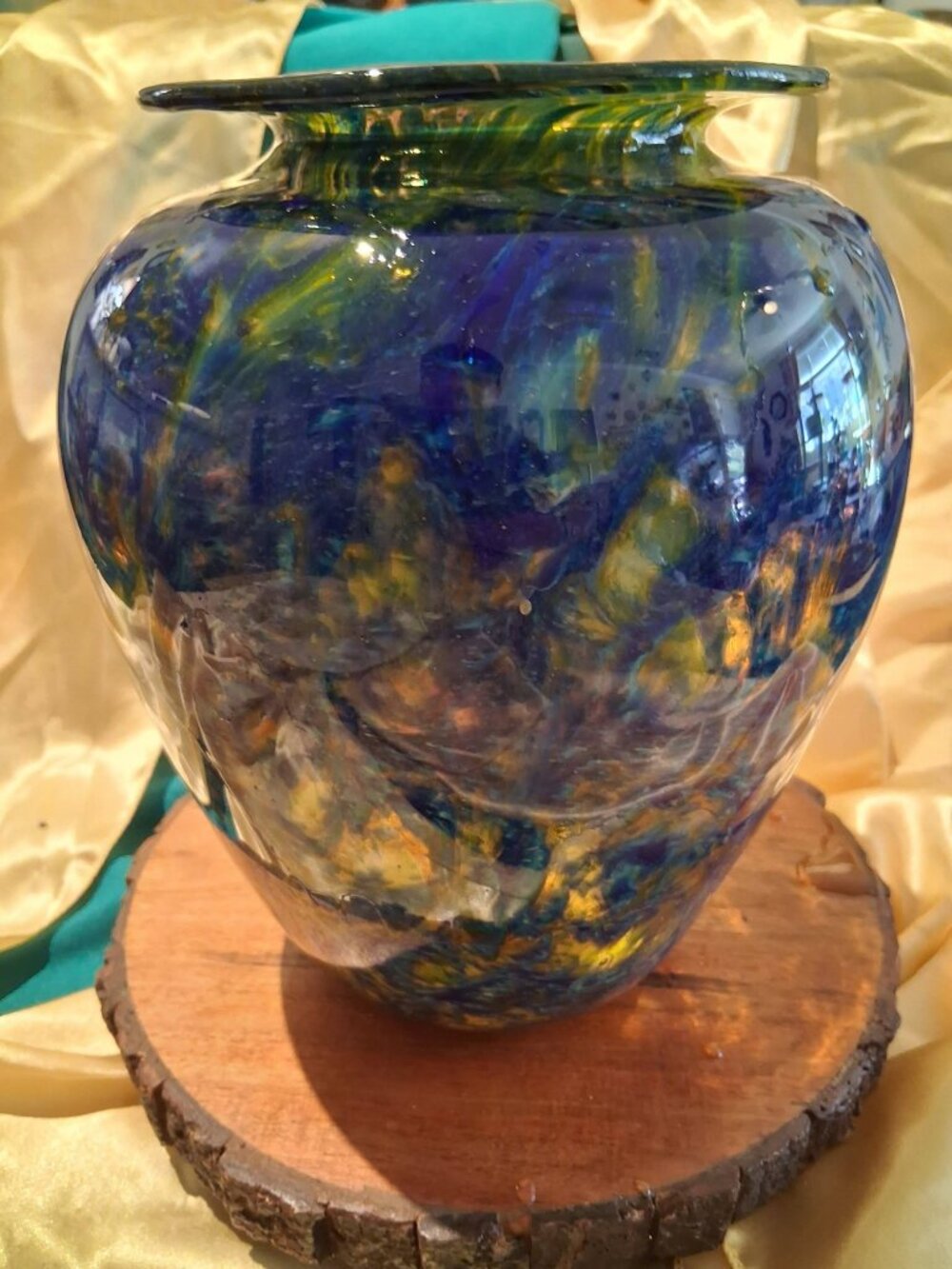 Handcrafted Art Glass Cobalt Blue & Gold Swirl Studio Vase Wide Rim